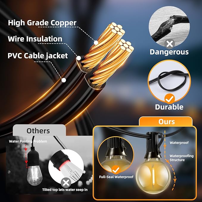 Solar Lights Outdoor Waterproof: G40 10M 33FT Shatterproof Bulbs Patio Lights - Solar Powered 3 Light Modes Solar Light - Camping Backyard Garden Deck Outside Yard