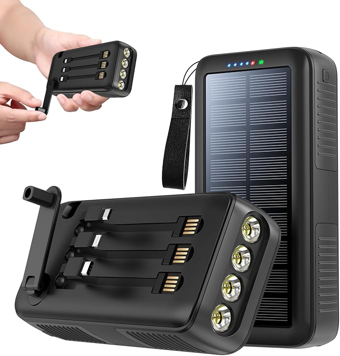 Solar Charger Power Bank 63200mAh, Portable Charger with Dual Outputs & Dual Inputs 4 LEDs Flashlight, Hand Crank Power Bank Fast Charging Battery Pack for Outdoor Camping Survival Gear (gray)