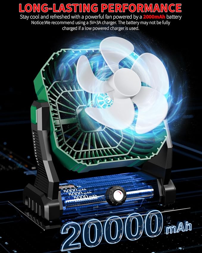 Personal Fan Camping Fan rechargeable, 20000mAh Battery powered fan with LED Lantern,270°Head Rotation, Small Table Fan Portable, USB Desk Fans with Hanging Hook for Travel Camping Tent Office, Green