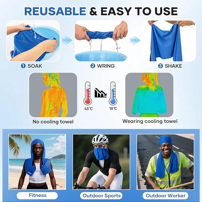 Cooling Hoodie Towel: Cooling Towels for Neck and Face, Instant Cool, UPF 50 Sun Protection, Cool Towel for Hot Weather, Great for Sports, Gym, Golf, Camping - 3 Packs