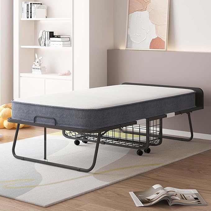BALUS Folding Bed with Mattress for Adults, 75" x 31" Rollaway Bed with Head Baffle & Mesh Storage Basket, Fold Up Beds for Guests, Foldable Frame with Locking Casters for Easy Moving（Upgrade）