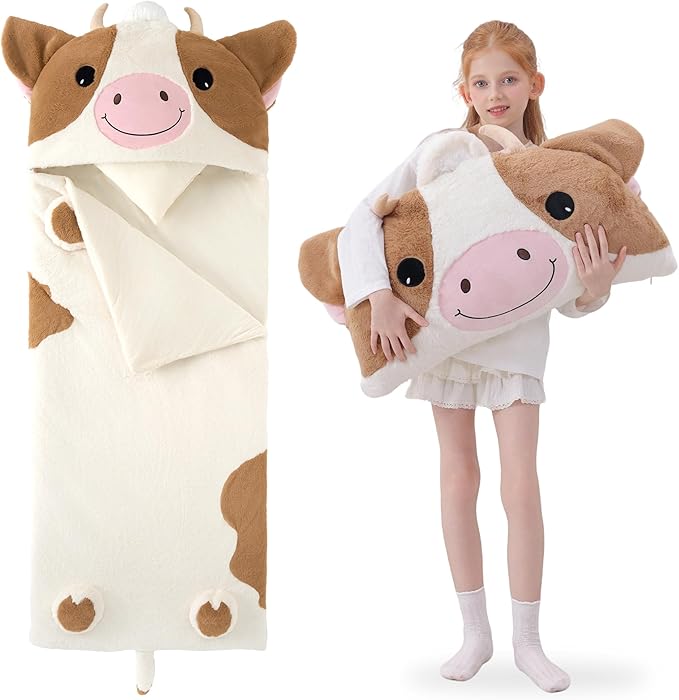 70" 4.2lbs Cow Thickened Kids Nap Mat for Preschool, Daycare,Kindergarten,Soft Washable for Boys and Girls, 2-in-1 Stuffed Animals Sleeping Bag and Pillow, Sleep Sack for Toddlers