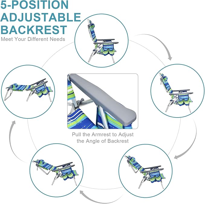 COSTWAY Backpack Beach Chairs, 4-Pack Portable Camping Chairs with Cup Holder, Ice Bag, 5-Position Outdoor Reclining Chairs for Adults, Travel, Sunbathing, Support 300 LBS, Blue & Green