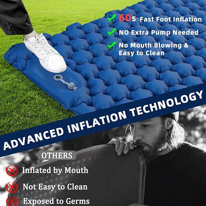 Ergonomic Inflating Sleeping Pad with Foot Pump and Storage Bag, and Wear for Office, Camping, and Outdoor Use (Navy Blue)