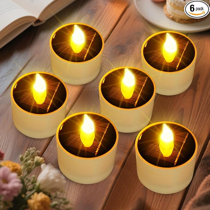 Solar Tea Lights Outdoor - 6 Pack Waterproof Rechargeable Dusk to Dawn Outdoor Lighting Flameless Flicker Reusable LED Solar Candles for Lanterns Camping Garden Home Decorations, 2.3''x2.1''