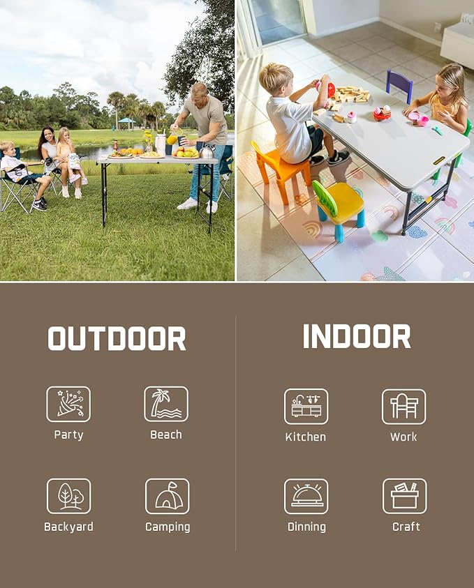 FanttikOutdoor Folding Table 4 Foot, Effortless Quick Adjustable Height Foldable Small Card Table, Fixing Lock, Stable for Party Dining Events Picnic Indoor Outdoor Camping, 1 Pack, Zeta X4 Pro Grey