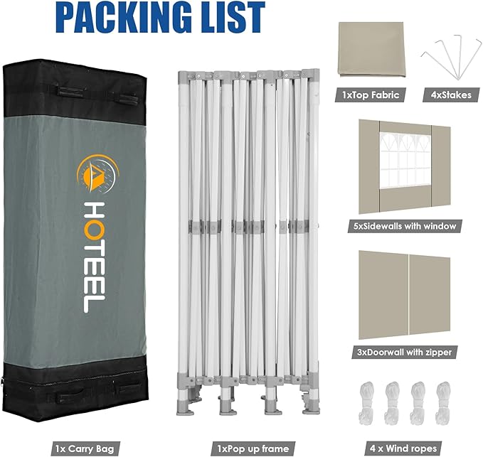 HOTEEL 10x30 Heavy Duty Pop up Canopy Tent for Parties with 8 Sidewalls, Easy Setup Outdoor Commercial Instant Gazebo for Wedding Event, with Portable Bag & Sand Bags, Khaki(Hexagonal Frame)