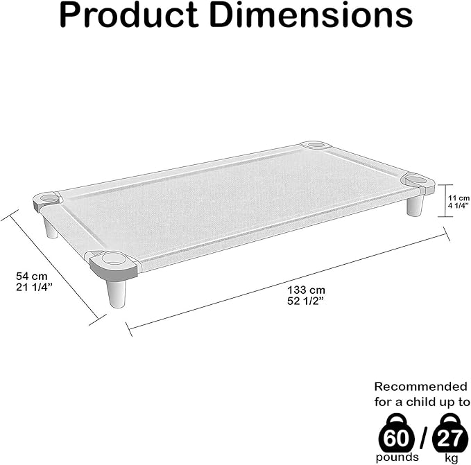 Acrimet Nap Cot for Kids, PortableToddler Child Bed, Stackable 52" L (Stainless Steel Tubes) (Blue Breathable Mesh Fabric - Gray Feet) (5 Pack)