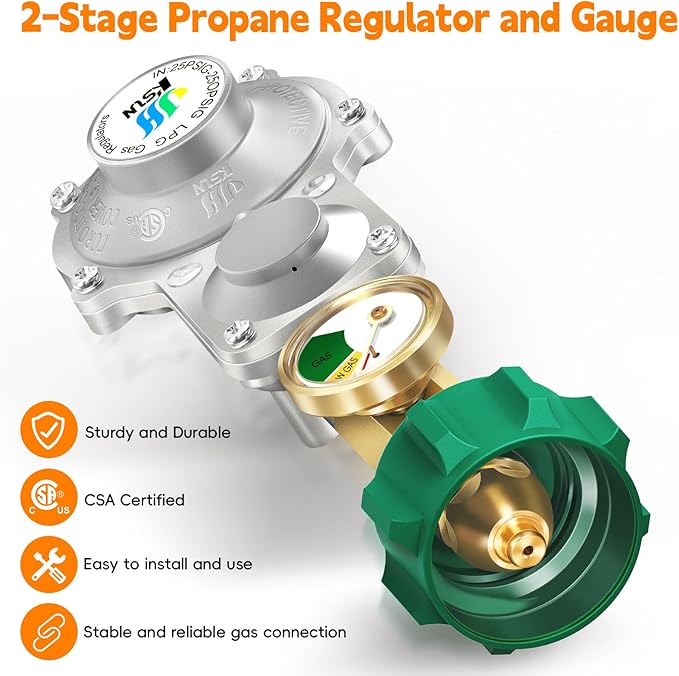 GasSaf 2 Stage Propane Regulator with Gauge for RV, Generator, Camp Stove, Gas Grill, Heater - CSA Certified