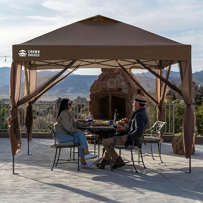 CROWN SHADES Gazebo 10x10 Pop Up Canopy with Mosquito Netting, Screen Tent with 4 Ropes, 8 Stakes, 4 Sandbags and Wheeled Storage Bag, Canopy for Patio & Backyard Parties,Camping&Events -(Coffee)