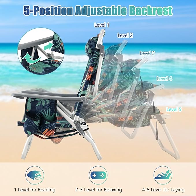 Tangkula Backpack Beach Chair with Table, 5-Position Lay Flat Beach Chairs with Cooler Bag, 2 Cup Holders, Towel Bar, Lightweight Low Folding Beach Chair
