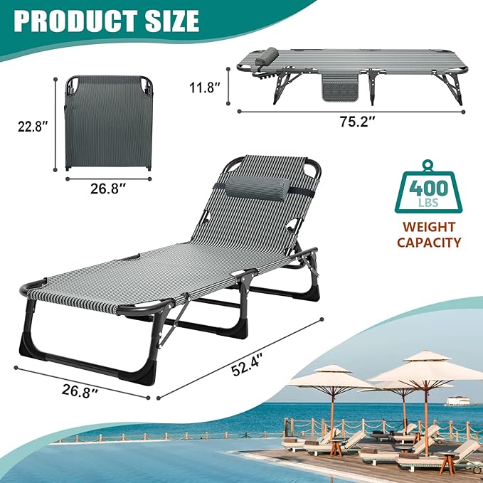DoCred Folding Lounge Chair with Mattress, 5 Position Adjustable Folding Sleeping Bed Cot Chaise Lounge Chairs Perfect for Sunbathing, Camping, Pool, Beach, Patio