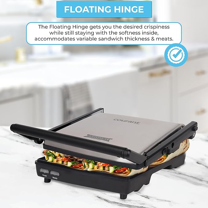 Courant Panini Press Gourmet Sandwich Maker, Super Slim Design with Foldable Handle, 4 Servings Grill with Non-Stick Plates, Opens 180° for Table Grill, Stainless Steel 1400 Watts