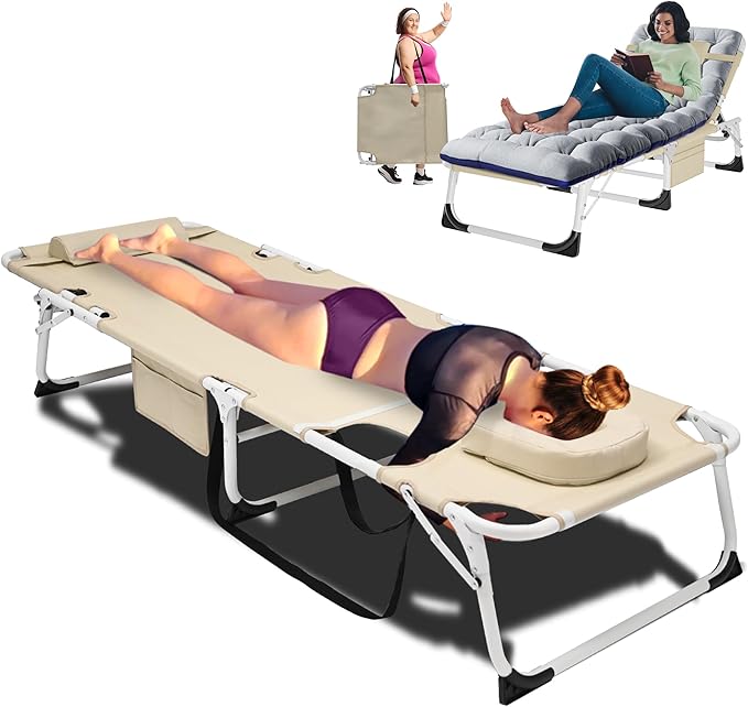 ABORON Patio Lounge Chair, Folding Guest Bed Cot for Adults, 500LB Heavy-Duty Capacity, Portable Extra Bed with Comfort Mat, Quick Fold Design for Indoor Guest Stays & Temporary Use