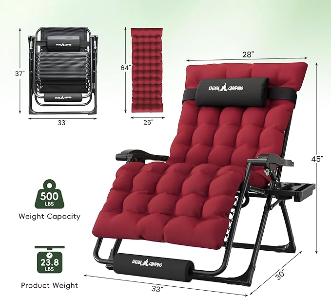 Amopatio Oversized Zero Gravity Padded Chair w/Removable Cushion&Headrest, XXL 33In Reclining Camping Lounge Chair Upgraded Lock and Footrest, Folding Patio Recliner for Indoor Outdoor, Red