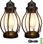 Battery-Powered LED Lanterns Vintage Lights for Christmas, 2 Pack Rechargeable Lantern with Dimmerble Warm White Edison Bulb, Waterproof Hanging Light Table Lamp for Outdoor & Indoor Decorative