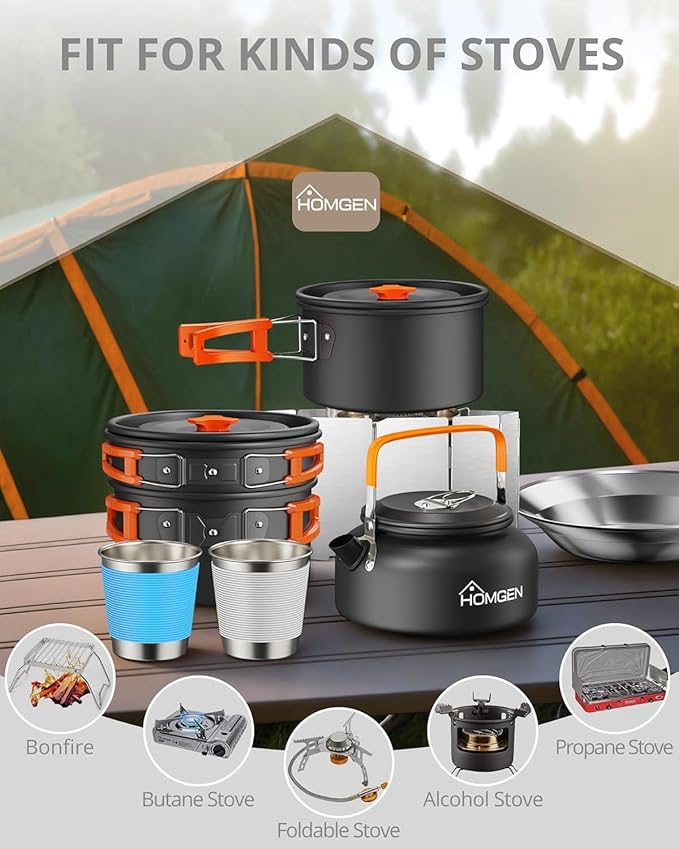 HOMGEN 17-Piece Camping Cooking Set with Stove Windshield & 2 Plates - Lightweight Aluminum Nesting Pot/Frying Pan Teapot - Complete Camping Mess Kit for Backpacking Picnics Outdoor Cooking Camping