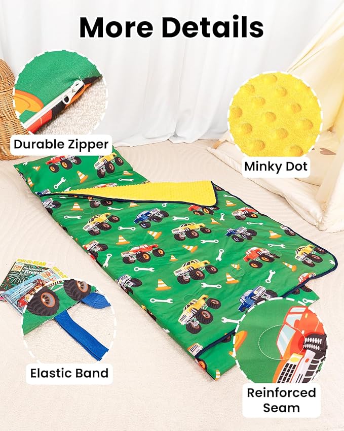 Primlect Toddler Thickened Foam Nap Mat with Pillow, Extra Large 55"x35", Soft, Supportive Sleeping Bag with Detachable, Washable Cover, for Sleepover, Home, Travel, Boys and Girls