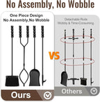 AMAGABELI Garden & Home 5 Pieces Fireplace Tools Sets Wrought Iron Indoor Fireplace Set with Poker Tongs Broom Shovel Stand Fire Tools Outdoor Fire Place Fire Pit Hearth Accessories Sets Black