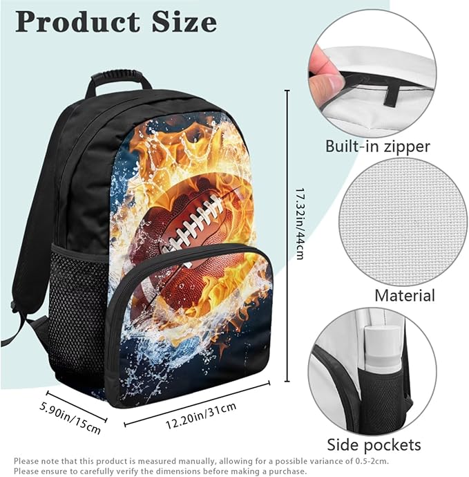 Football Backpack with Lunch Box Fire Bookbag Practical Portable Boys Bookbag Age 6-8 with Lunch Box 4 in 1 School Bag for Boys 7-8 Travel Daypack Outdoor Camping Graduation Gifts
