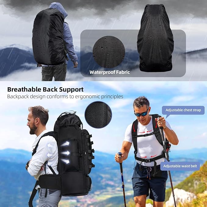 70L/100L Camping Hiking Backpack with Rain Cover, Expandable Large Military Tactical Backpack, Waterproof Molle Racksack Travel Backpacking Daypack for Climbing Trekking (Black)