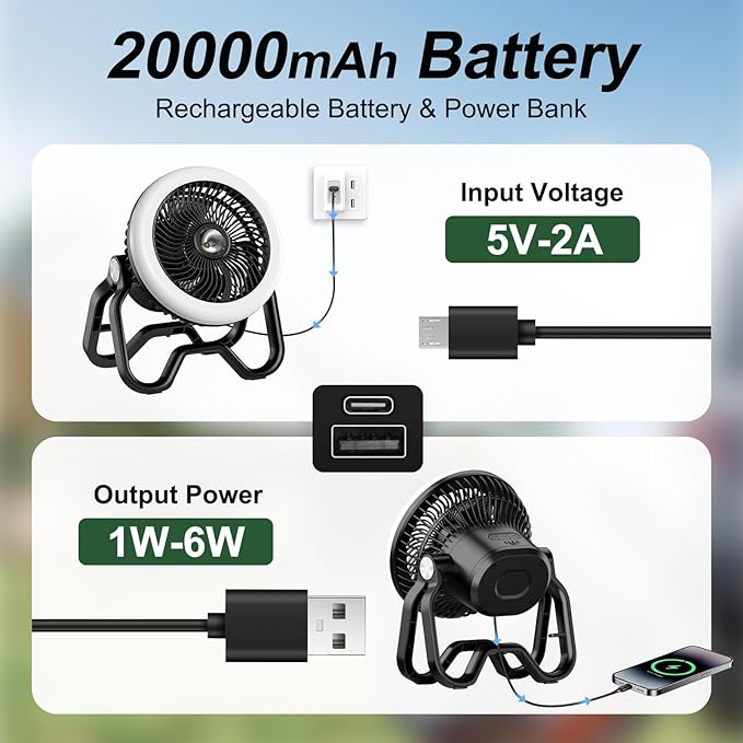 Camping Fan Rechargeable Camping Lantern-40Hrs,20000mAh Cordless Battery Operated Oscillating Fan Light with Remote,Hanging Hook and Magnetic Base, for Tents, Outdoor, RV, Outage（Black）