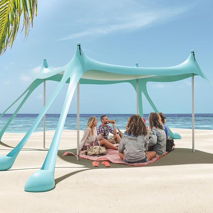 Gardentime Beach Tent Canopy with 8 Sandbags 4 Aluminum Poles, Pop Up Portable Camping Sun Shelter, Easy Set Up with 2 Sand Shovel, Ground Pegs, Carrying Bag for Outdoor Beach,Picnic, Fishing