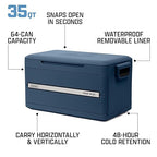 Coleman Snap 'N Go 35-Quart Collapsible Hard Cooler, Portable Hard-Sided Cooler with Waterproof Removable Liner, Spacing-Saving & Quick Set Up, 48 Hours Cold, Sapphire Blue