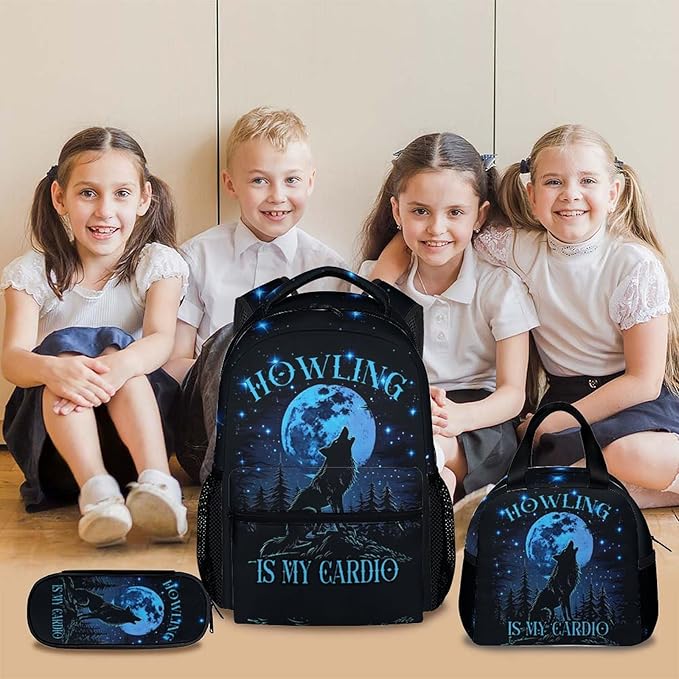 Boys Backpack, Wolf Gifts, Cool Wolf Backpacks for Kids 6-8, 17 Inch School Bag with Lunch Box, Large Capacity Student Bookbag and Pencil Case Bundle for Travel School