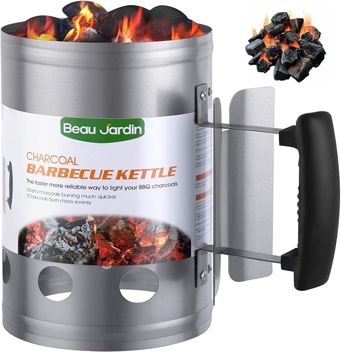 BEAU JARDIN Charcoal Chimney Starter 11"X7" Grill Barbecue BBQ Galvanized Steel Chimney Lighter Basket Outdoor Cooking Quick Rapid Fire Briquette Starters Can Canister for Grilling Camping Accessories