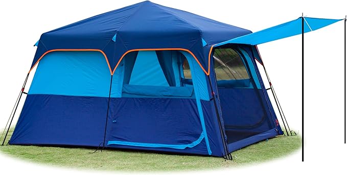 KTT Extra Large Tent 10-12-14 Person(A),Family Cabin Tents,2 Rooms,3 Doors and 3 Windows with Mesh,Straight Wall,Waterproof,Double Layer,Big Tent for Outdoor,Picnic,Camping,Family Gathering