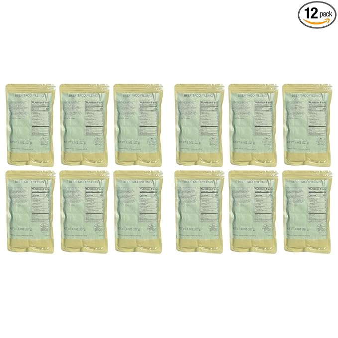 MRE (Meal-Ready-to-Eat) | Single Serving Entree | Emergency Meals | Survival Food | Fresh Dates | Long Shelf Life | Made in USA (12-Pack, Beef Taco Filling)