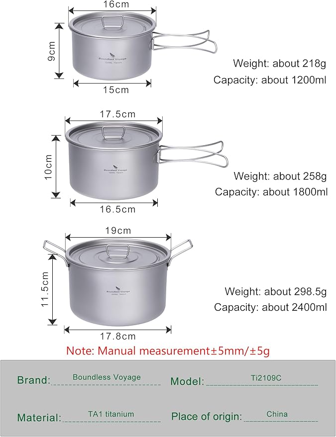 Boundless Voyage Camping Cookware Lightweight Cooking Pot Set Titanium Pot Portable for Outdoor Cooking Traveling Hiking Trekking Backpacking, 1-5 Person