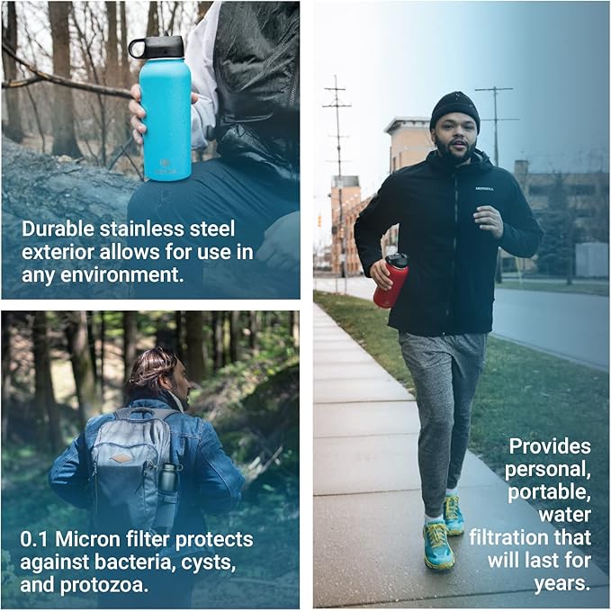Uzima - Z-Source Filtered Water Bottle for Hiking, Backpacking, Camping, and Travel. Large 32oz Capacity with Double-Walled Stainless Steel Exterior.