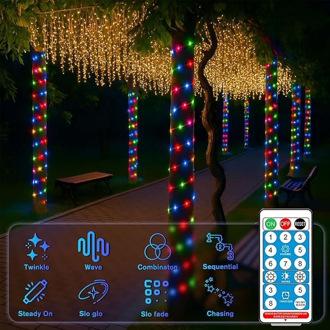 ANJAYLIA 66FT 200 LED Solar Rope Lights Outdoor Waterproof, Solar Powered Rope String Light with 8 Mode & Timer Remote, for Outdoor, Patio, Garden, Camping, Holiday & Christmas Décor Multicolor