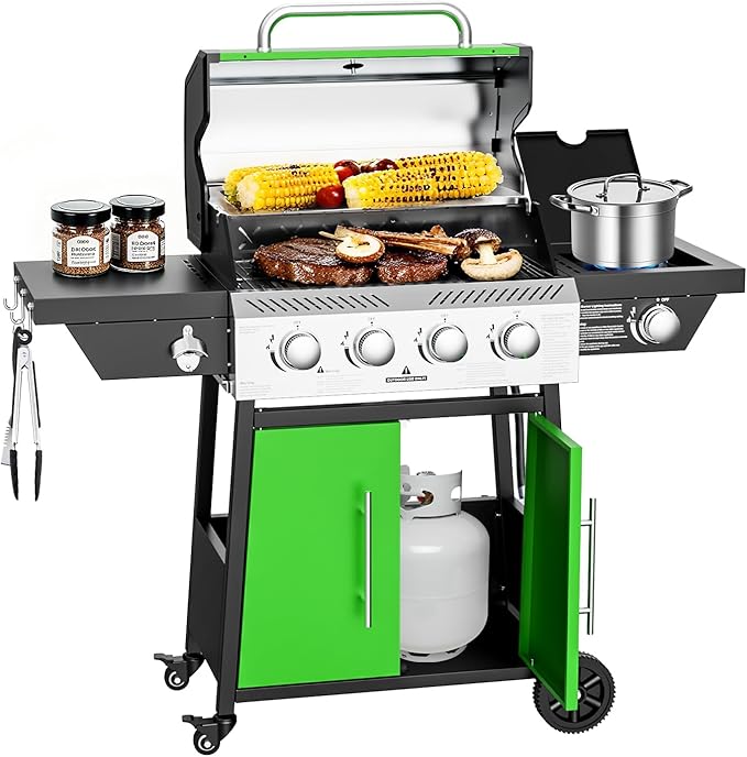 4-Burner Propane Gas Grill with Side Burner, 50,000 BTU Outdoor Gas BBQ Grill with Stainless Steel Grates and Side Tables for Outdoor Cooking Kitchen, Patio and Backyard, Green