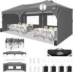 COBIZI 10x20 Pop Up Canopy Tent, Outdoor Party Tent with 4 Sidewalls, 1 Person Easy Set up, Tents for Parties with Fluorescent Strip & 4 Sandbags, Waterproof UPF50+, 3 Adjustable Height, Gray