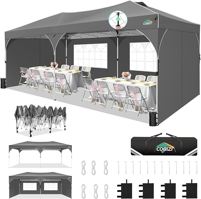 COBIZI 10x20 Pop Up Canopy Tent, Outdoor Party Tent with 4 Sidewalls, 1 Person Easy Set up, Tents for Parties with Fluorescent Strip & 4 Sandbags, Waterproof UPF50+, 3 Adjustable Height, Gray