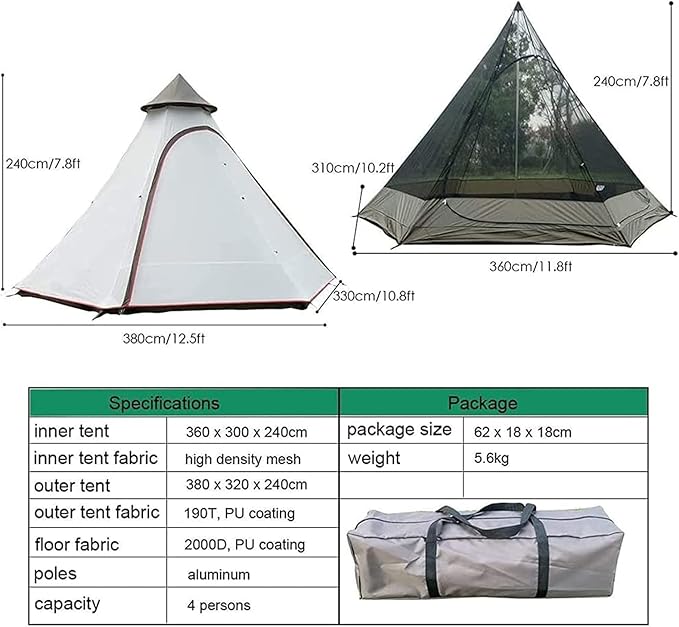 GeRRiT Tents for Camping 4 Person, Waterproof Pyramid Teepee Tent Adult Tent Waterproof Double Layers Indian Tent Yurt Tent Tower Post Bell Tent for Outdoor Family Trip Hello, 3, Black