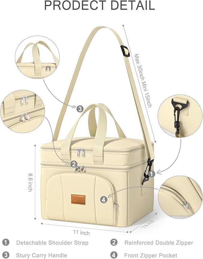 Rnivvi Lunch Box for Women, Double Decker Insulated Cooler Bag Lunch Bag Reusable Leakproof Tote Lunch Container with Strap for Work Family Picnic Camping, 18 Cans 12L, Large Adults, Apricot White