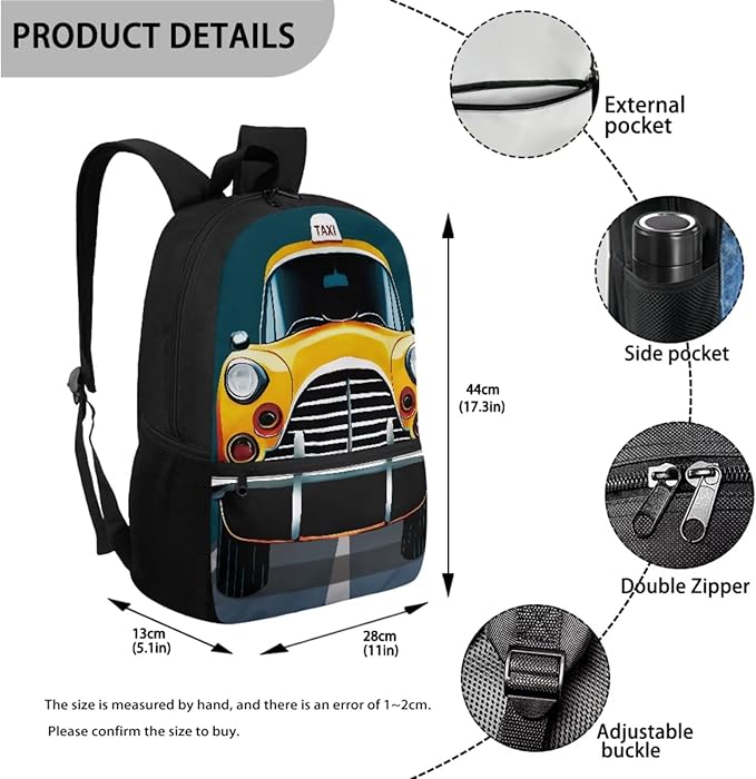 3 Set of Cartoon Taxi Pattern Backpack Set with Portable Lunch Box and Multilayer Structure Dirt-resistant Pencil Case for Boys Elementary High School Students