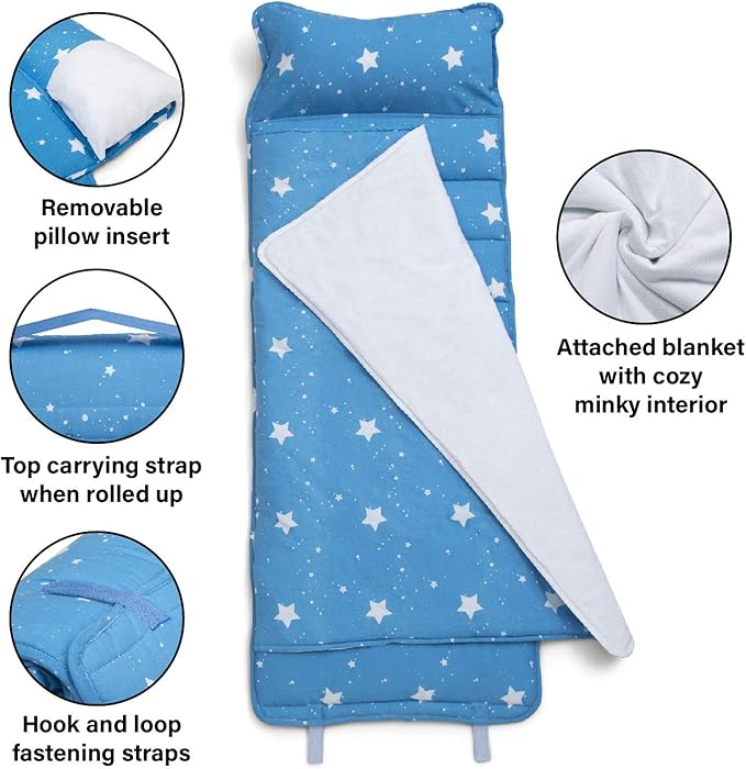 Delta Children Nap Mat - Includes Pillow & Blanket for Toddlers and Kids; Features Carry Handle w/Strap Closure and Name Tag; Rollup Design is Ideal for Preschool and Daycare; Personalization Optional