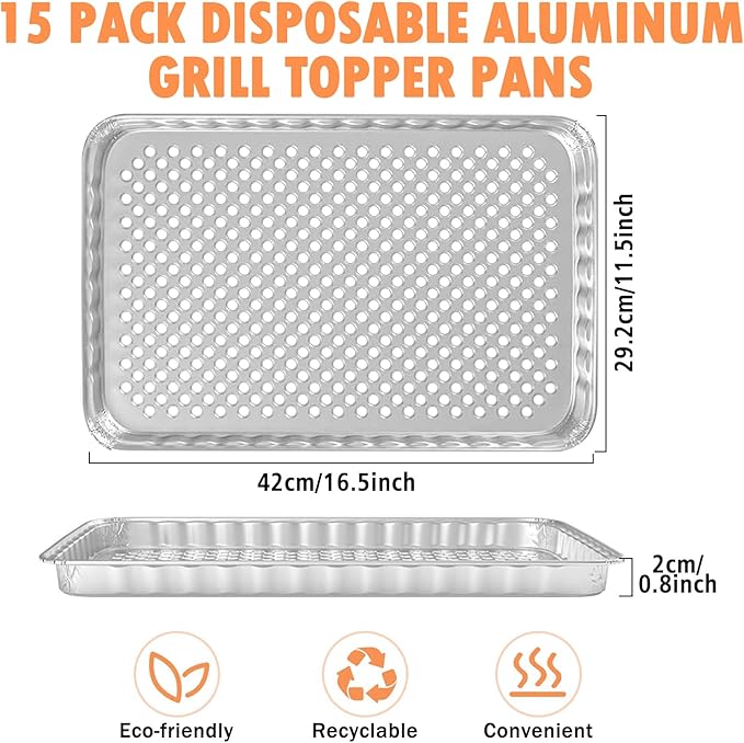 SafBbcue Disposable Grill Toppers 15 Pack Disposable Aluminum Foil Grill Topper Pans BBQ Grill Grate Liners for Outdoor Cooking & Camping Prevents Food from Sticking or Falling Through The Grill