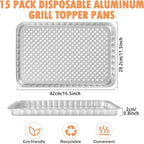 SafBbcue Disposable Grill Toppers 15 Pack Disposable Aluminum Foil Grill Topper Pans BBQ Grill Grate Liners for Outdoor Cooking & Camping Prevents Food from Sticking or Falling Through The Grill