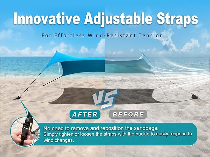 10×10ft UPF50+ Beach Tent Sun Shelter, Windproof Stable Outdoor Pop Up Beach Shade Canopy for Camping, Fishing, Backyard Fun or Picnics, 4 Poles