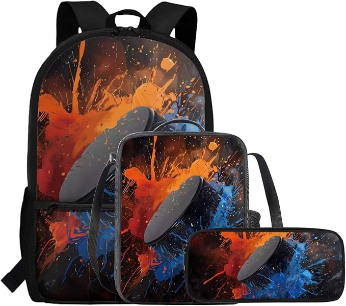 Rnyleeg Hockey Backpack for Boys with Lunch Box Large Capacity School Backpack for Teens 3 Pcs Bookbag Set for Primary School Casual Rucksack for Camping