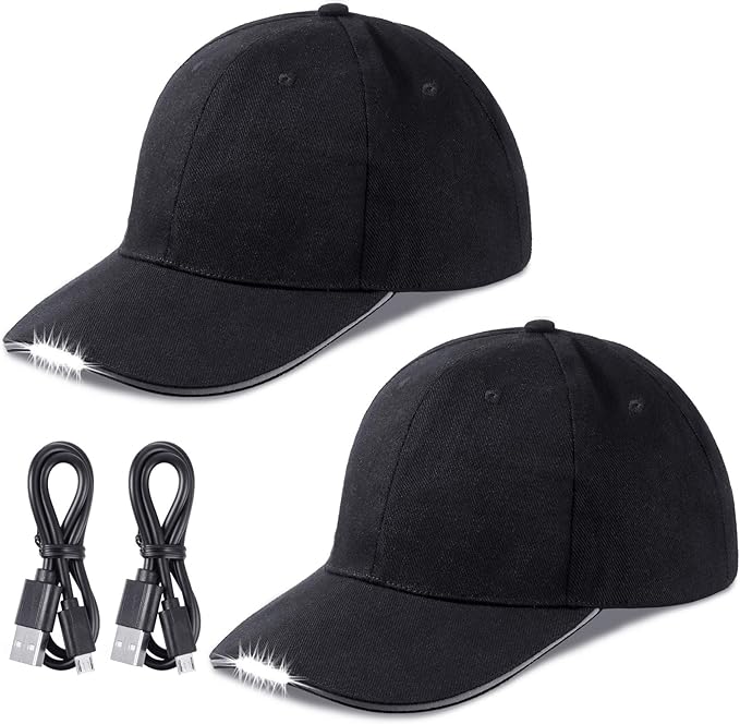 Syhood 2 Pieces LED Baseball Caps Flashlight Hats Hands Free Baseball Caps with Light Built in 5 Battery Powered Headlamp LED Hats Light for Men Fishing Jogging Camping Hand Work