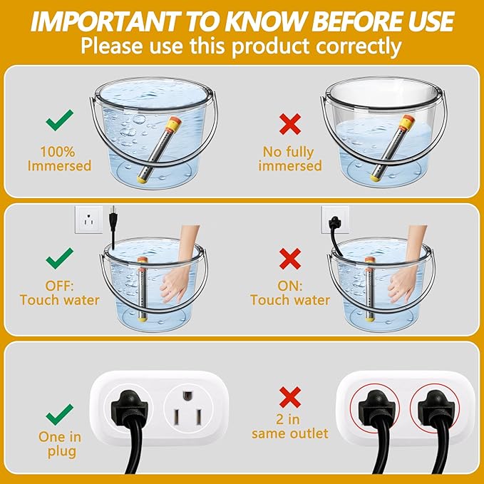 Adjustable Immersion Water Heater 1500W, Portable Stainless Steel Bucket Heater with Thermostat, Auto Shut-Off, Temperature Display, Safety Alarm, Fast Heating for Home, Bath, Camping, RV