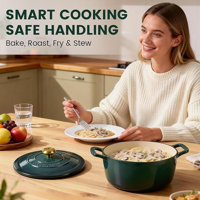 Enameled Cast Iron Dutch Oven with Lid – 5QT Heavy-Duty Pot, Oven Safe up to 500°F, Dual Handles, Ideal for Sourdough Bread Baking, Stews, Roasting, Braising – All Cooktops, Durable & Versatile Cookware (Green)