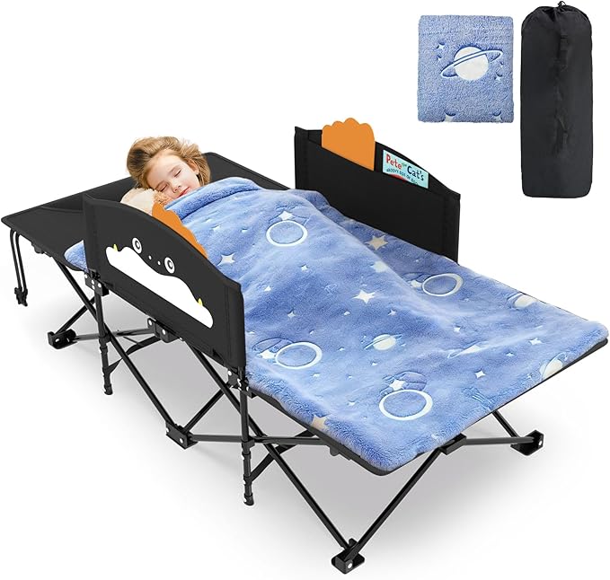 Slendor Toddle Cot, Toddler Portable Bed w/Cartoon Handrail, Blanket (5ft x 4ft), Folding Toddler Cots for Camping, Travel Bed, Extra Long Cot Length 56", Support 330 Lbs, Black